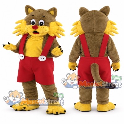 Brown Cat Mascot Costume with Red Overalls Brown Cat Mascot Costume with Red Overalls