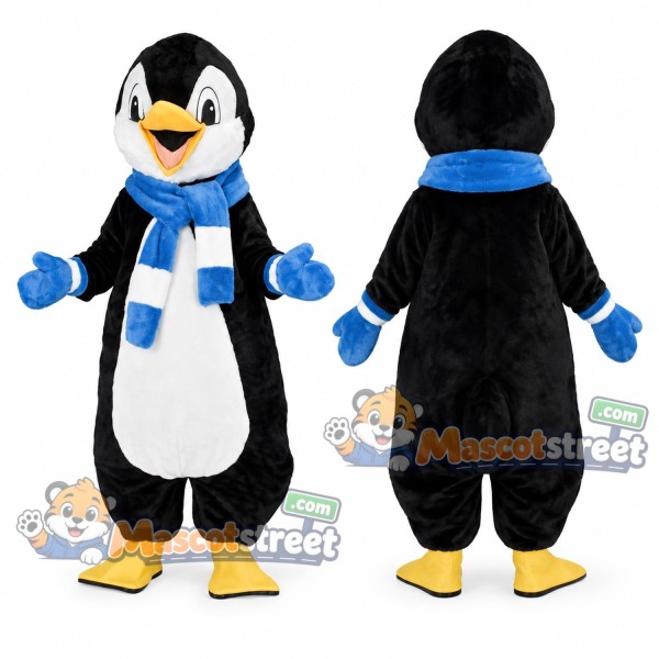 Black and White Penguin Mascot Costume with Blue Scarf