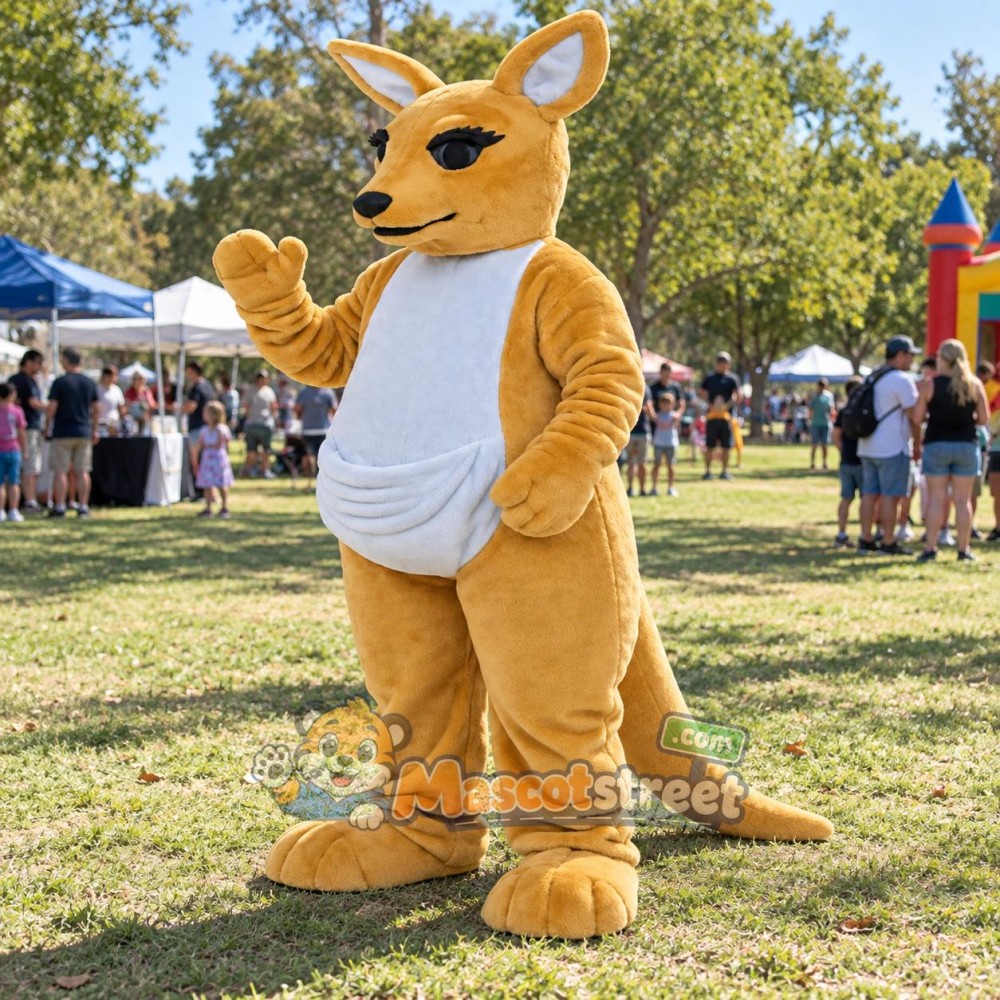 Tan Kangaroo Mascot Costume with White Sleeveless Shirt Tan Kangaroo Mascot Costume with White Sleeveless Shirt