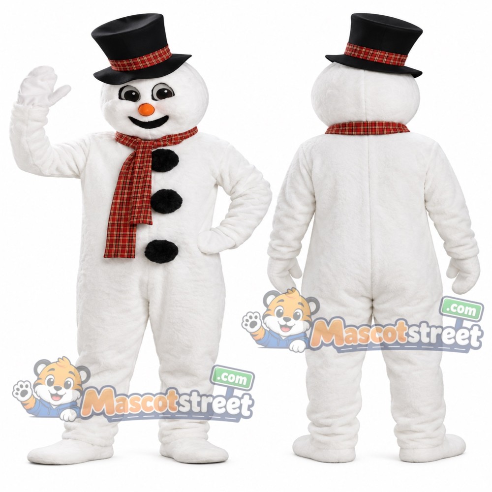 Snowman Mascot Costume with Black Top Hat and Brown Scarf Snowman Mascot Costume with Black Top Hat and Brown Scarf