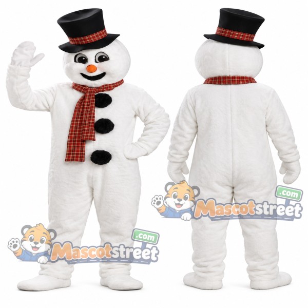 Snowman Mascot Costume with Black Top Hat and Brown Scarf