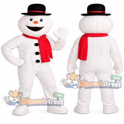 Snowman Mascot Costume with Black Bowler Hat and Red Scarf Snowman Mascot Costume with Black Bowler Hat and Red Scarf