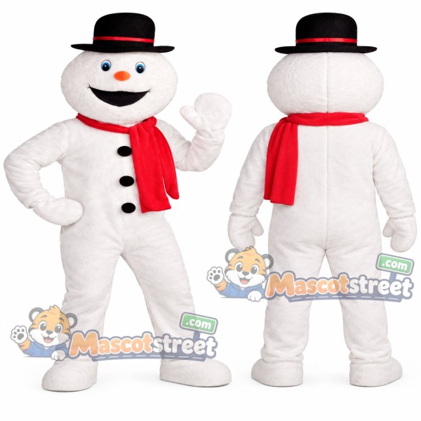 Snowman Mascot Costume with Black Bowler Hat and Red Scarf