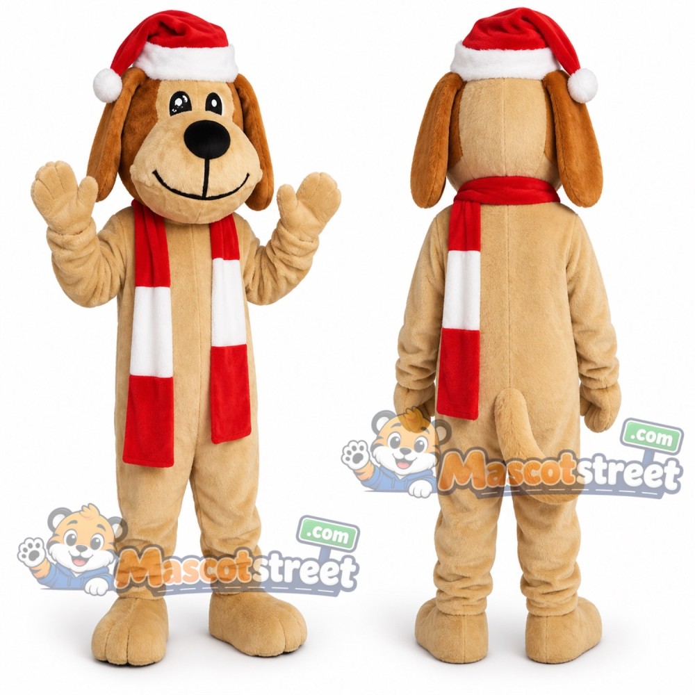 Tan Dog Mascot Costume with Santa Hat and Red Striped Scarf
