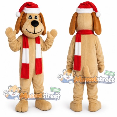 Tan Dog Mascot Costume with Santa Hat and Red Striped Scarf