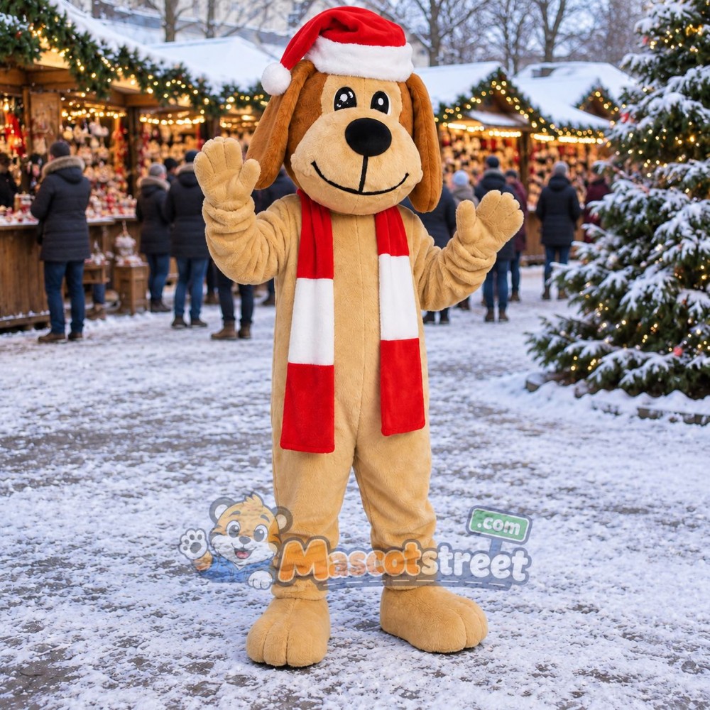 Tan Dog Mascot Costume with Santa Hat and Red Striped Scarf Tan Dog Mascot Costume with Santa Hat and Red Striped Scarf