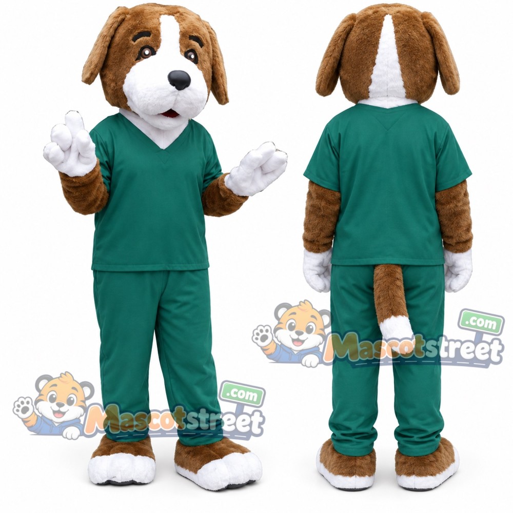 Brown and White Dog Mascot Costume with Green Shirt and Pants