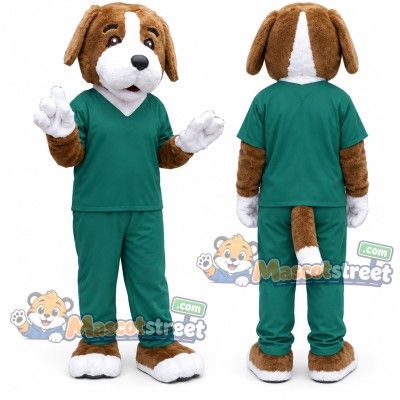 Brown and White Dog Mascot Costume with Green Shirt and Pants