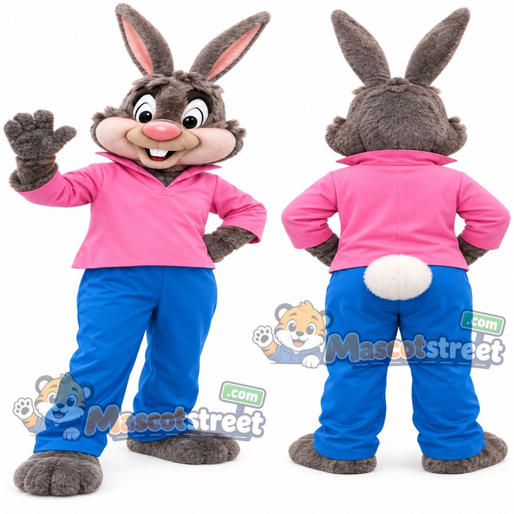 Gray Rabbit Mascot Costume with Pink Shirt and Blue Pants