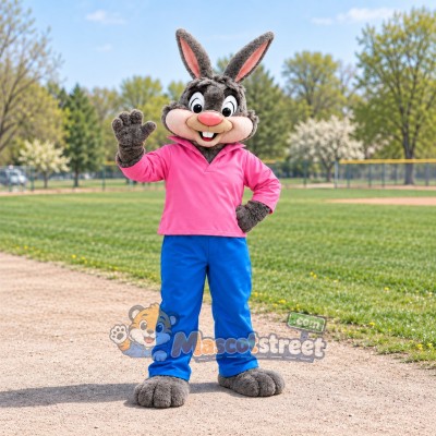 Gray Rabbit Mascot Costume with Pink Shirt and Blue Pants Gray Rabbit Mascot Costume with Pink Shirt and Blue Pants