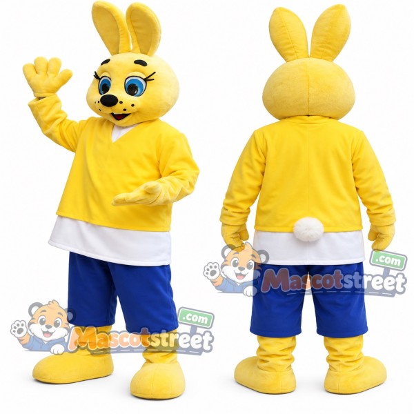 Yellow Rabbit Mascot Costume with Yellow Sweatshirt and Blue Shorts
