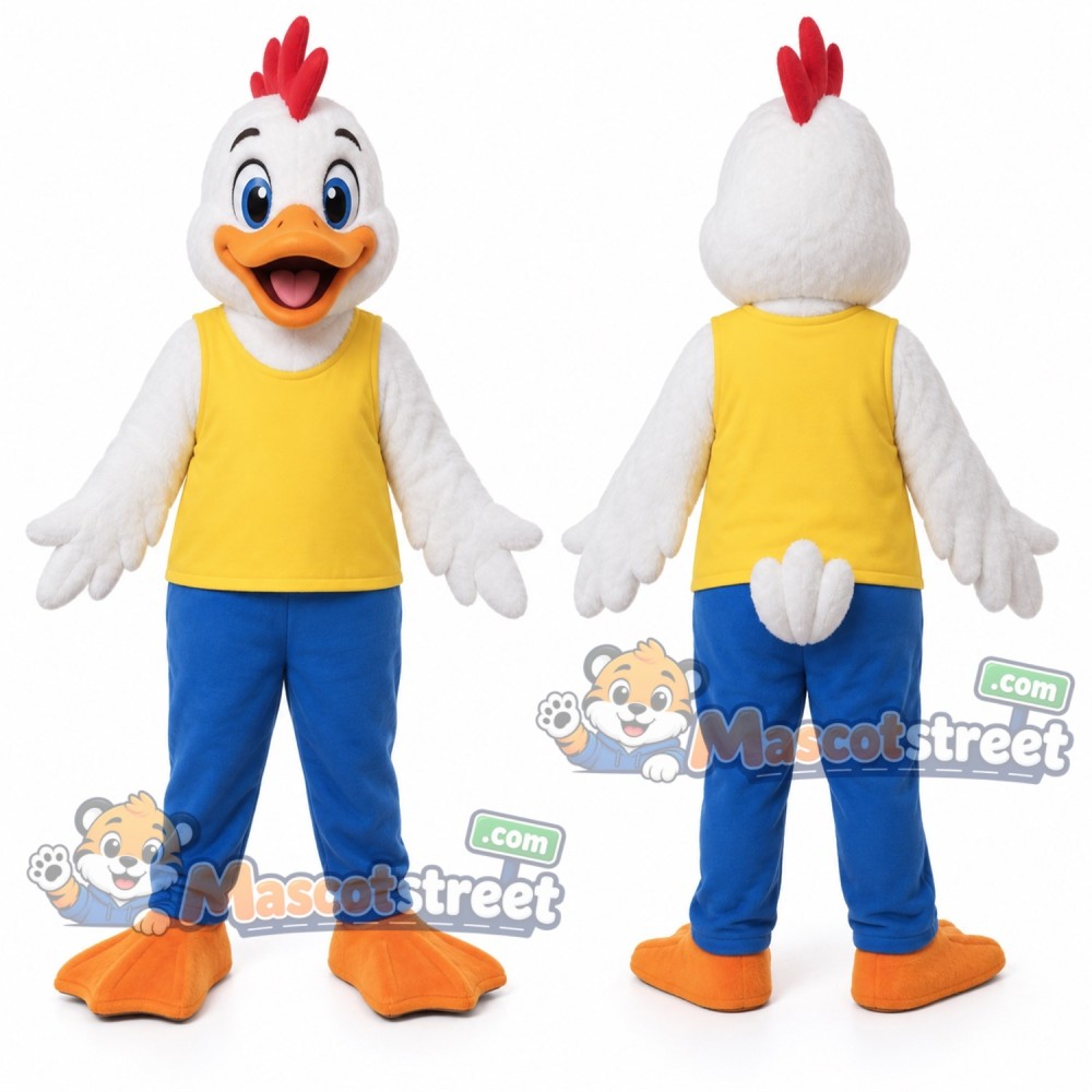 White Rooster Mascot Costume with Yellow Shirt and Blue Pants