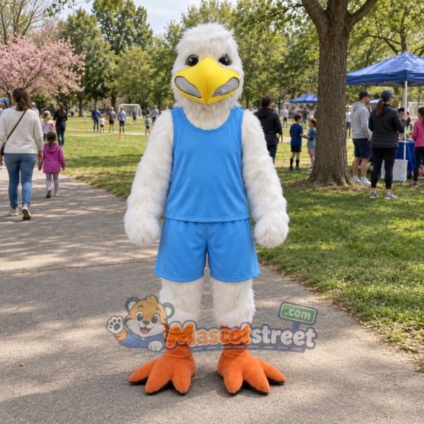 White Bird Mascot Costume with Light Blue Shirt and Shorts