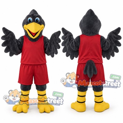Black Bird Mascot Costume with Burgundy Shirt and Shorts Black Bird Mascot Costume with Burgundy Shirt and Shorts