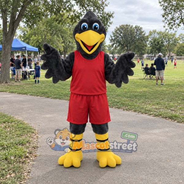 Black Bird Mascot Costume with Burgundy Shirt and Shorts