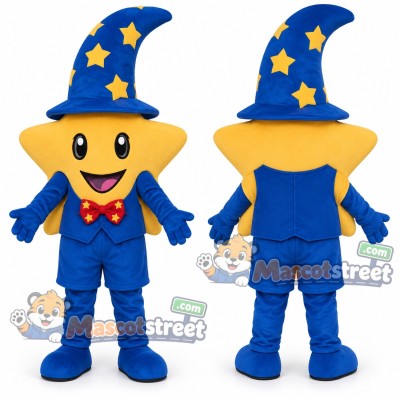Yellow Star Wizard Mascot Costume with Blue Outfit and Star Pattern Hat Yellow Star Wizard Mascot Costume with Blue Outfit and Star Pattern Hat