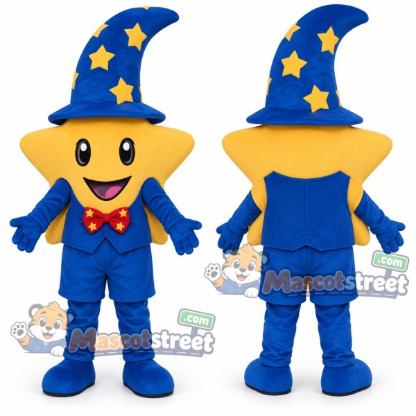 Yellow Star Wizard Mascot Costume with Blue Outfit and Star Pattern Hat