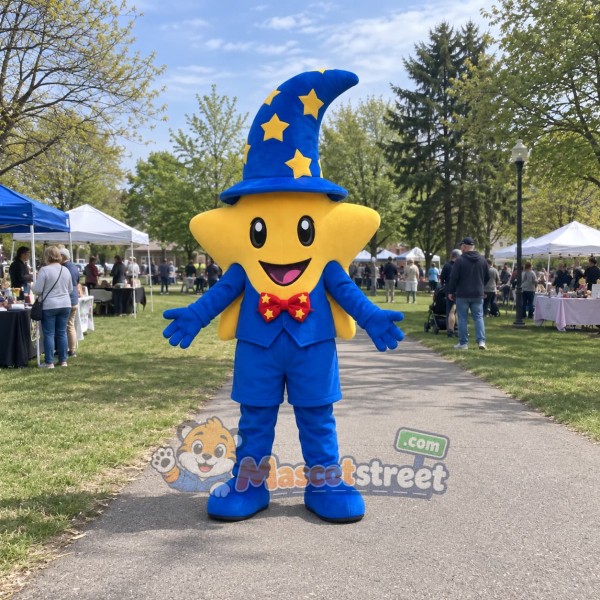 Yellow Star Wizard Mascot Costume with Blue Outfit and Star Pattern Hat