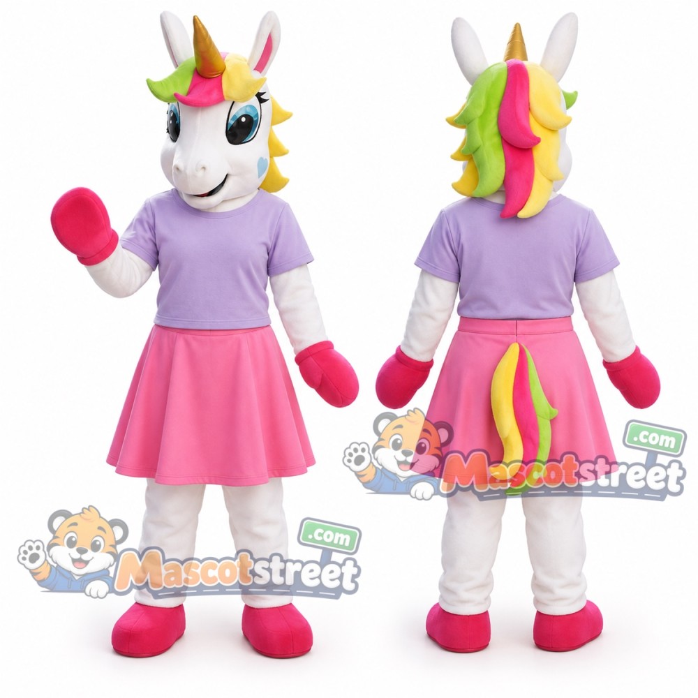 White Unicorn Mascot Costume with Purple Shirt and Pink Skirt