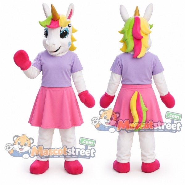 White Unicorn Mascot Costume with Purple Shirt and Pink Skirt