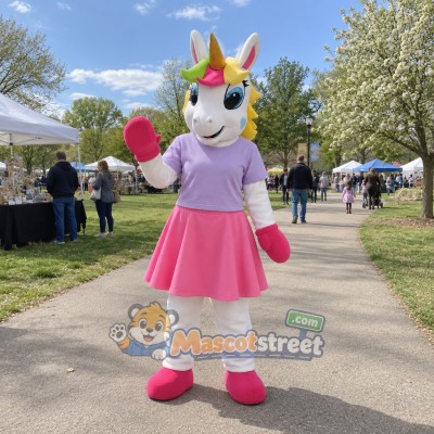 White Unicorn Mascot Costume with Purple Shirt and Pink Skirt