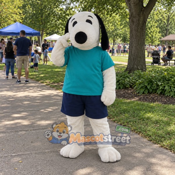 White and Black Dog Mascot Costume with Teal Shirt and Navy Shorts