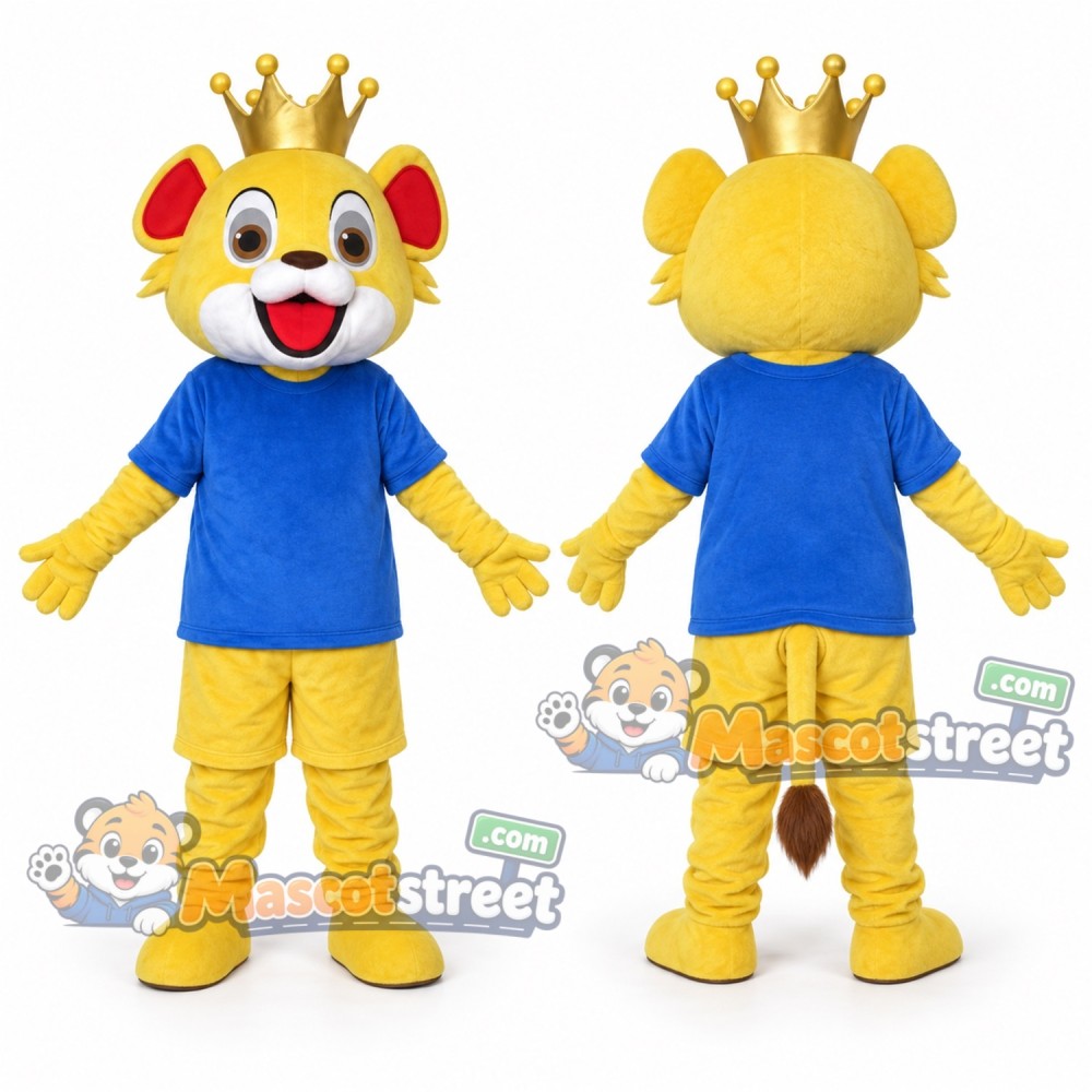 Yellow Lion King Mascot Costume with Blue Shirt and Crown Yellow Lion King Mascot Costume with Blue Shirt and Crown