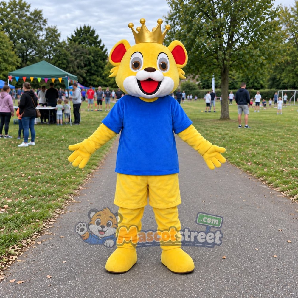 Yellow Lion King Mascot Costume with Blue Shirt and Crown Yellow Lion King Mascot Costume with Blue Shirt and Crown