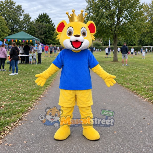 Yellow Lion King Mascot Costume with Blue Shirt and Crown