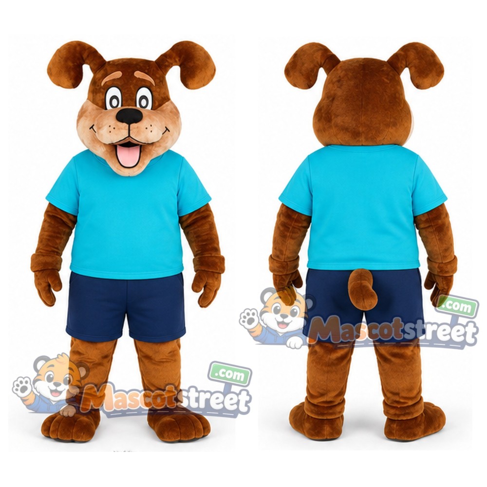 Brown Dog Mascot Costume with Teal Shirt and Navy Shorts