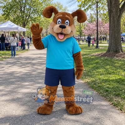 Brown Dog Mascot Costume with Teal Shirt and Navy Shorts