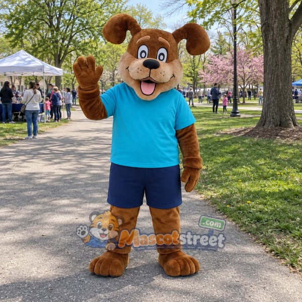Brown Dog Mascot Costume with Teal Shirt and Navy Shorts