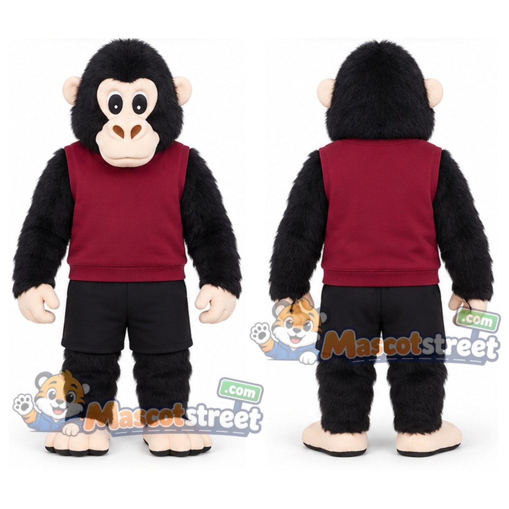 Black Chimpanzee Mascot Costume with Burgundy Shirt and Black Shorts Black Chimpanzee Mascot Costume with Burgundy Shirt and Black Shorts