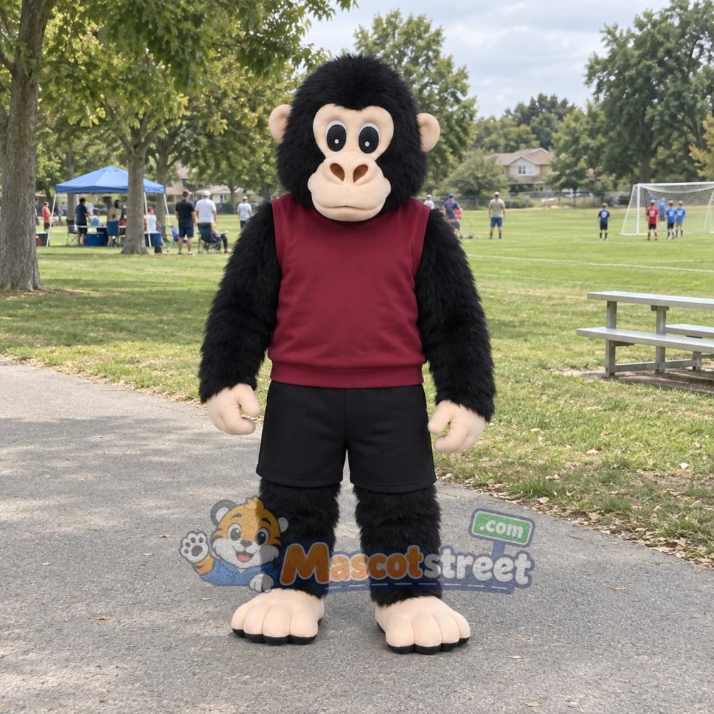 Black Chimpanzee Mascot Costume with Burgundy Shirt and Black Shorts Black Chimpanzee Mascot Costume with Burgundy Shirt and Black Shorts