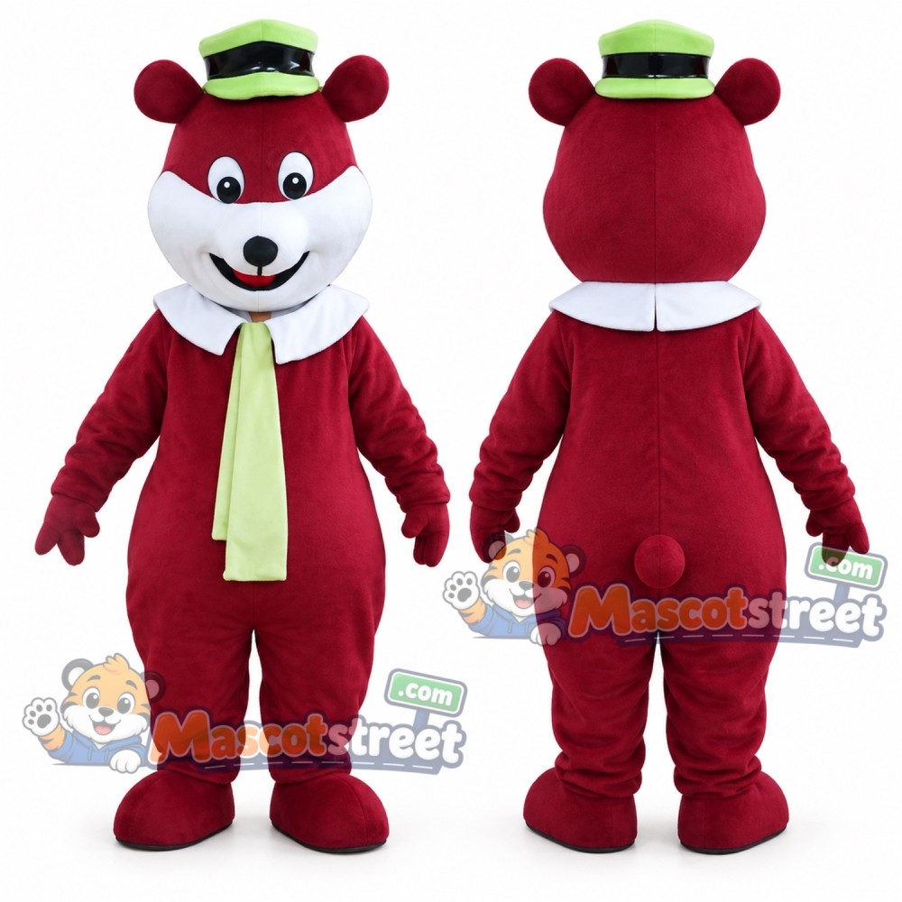 Burgundy Bear Mascot Costume with Green Tie and Green Hat Burgundy Bear Mascot Costume with Green Tie and Green Hat