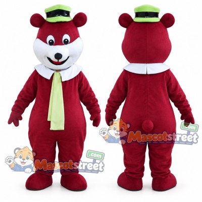 Burgundy Bear Mascot Costume with Green Tie and Green Hat Burgundy Bear Mascot Costume with Green Tie and Green Hat