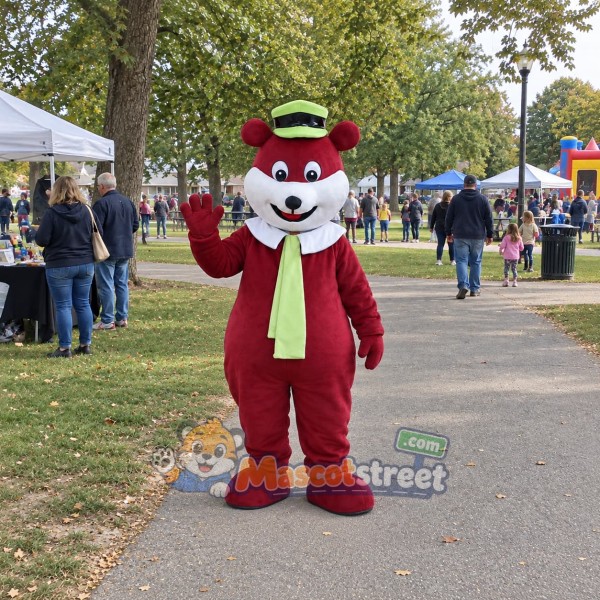 Burgundy Bear Mascot Costume with Green Tie and Green Hat