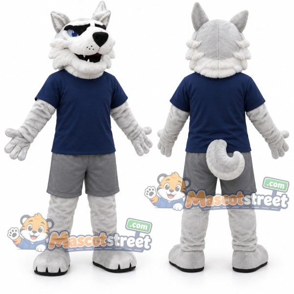 White Husky Mascot Costume with Navy Shirt and Gray Shorts