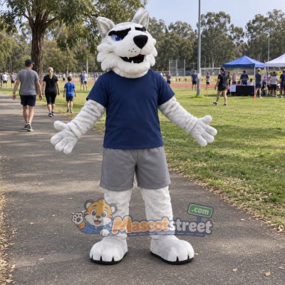 White Husky Mascot Costume with Navy Shirt and Gray Shorts White Husky Mascot Costume with Navy Shirt and Gray Shorts