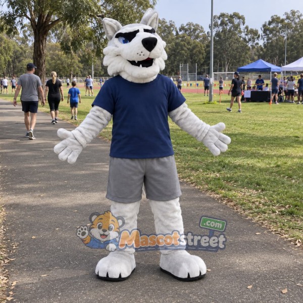 White Husky Mascot Costume with Navy Shirt and Gray Shorts
