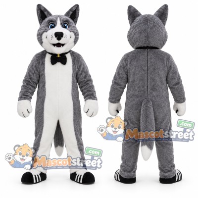 Gray Husky Mascot Costume with Black Bow Tie
