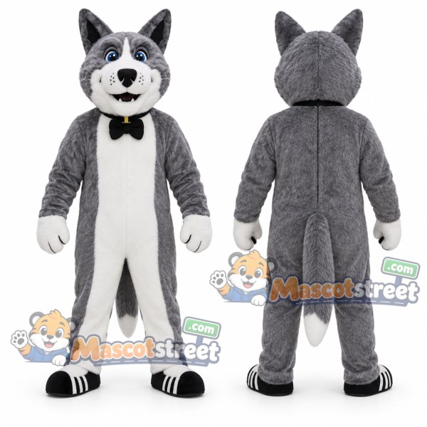 Gray Husky Mascot Costume with Black Bow Tie