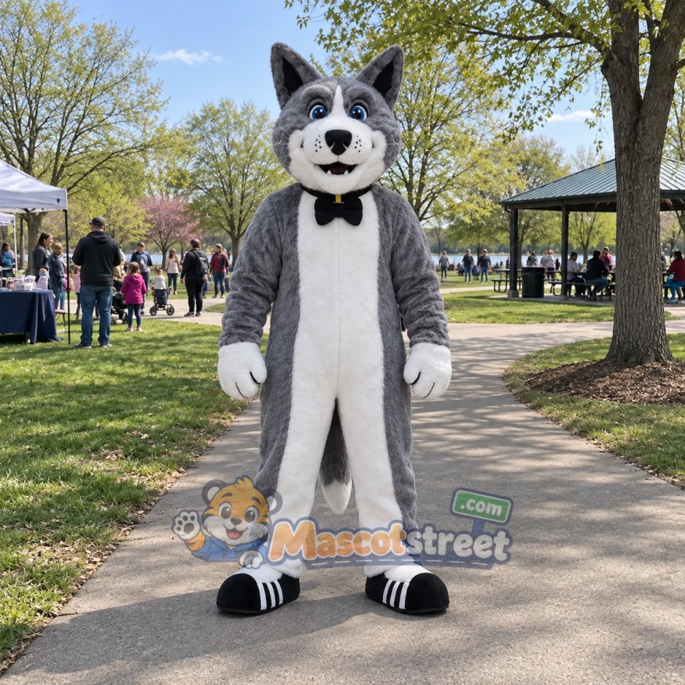 Gray Husky Mascot Costume with Black Bow Tie