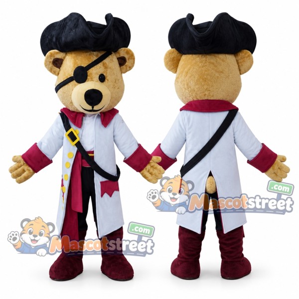 Tan Bear Pirate Mascot Costume with White Coat and Black Tricorn Hat