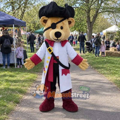 Tan Bear Pirate Mascot Costume with White Coat and Black Tricorn Hat Tan Bear Pirate Mascot Costume with White Coat and Black Tricorn Hat