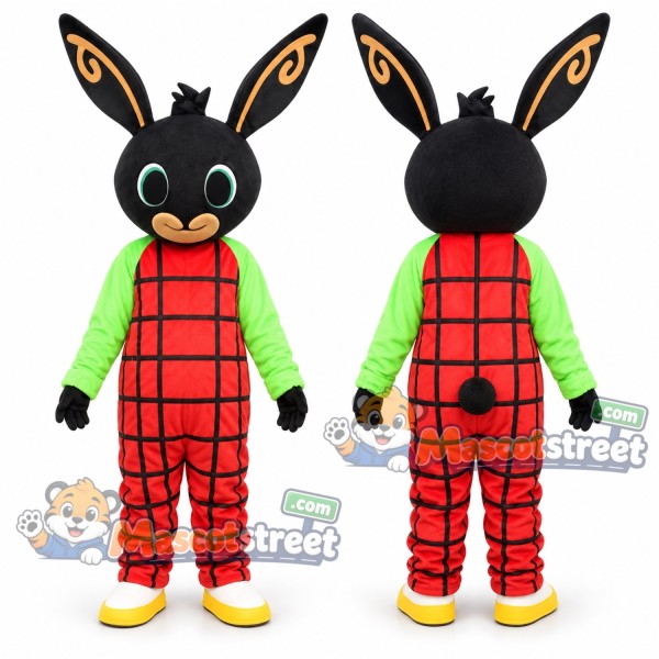 Black Rabbit Mascot Costume with Red Plaid Overalls and Green Shirt