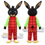 Black Rabbit Mascot Costume with Red Plaid Overalls and Green Shirt