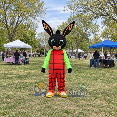 Black Rabbit Mascot Costume with Red Plaid Overalls and Green Shirt Black Rabbit Mascot Costume with Red Plaid Overalls and Green Shirt