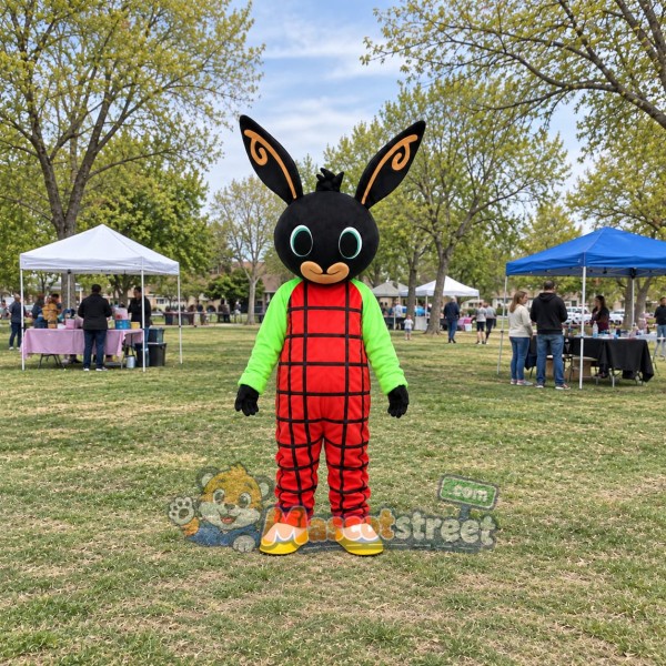 Black Rabbit Mascot Costume with Red Plaid Overalls and Green Shirt