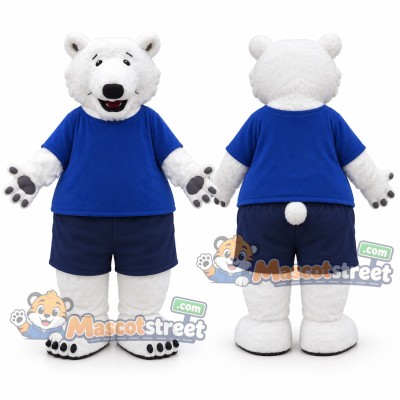 White Polar Bear Mascot Costume with Blue Shirt and Navy Shorts